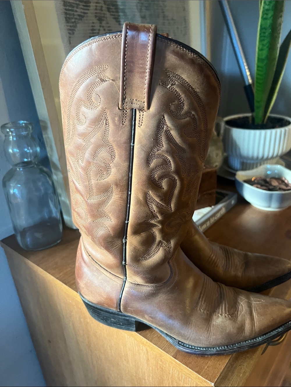 Tan Leather Western Cowboy Boots with Embroidered Shaft